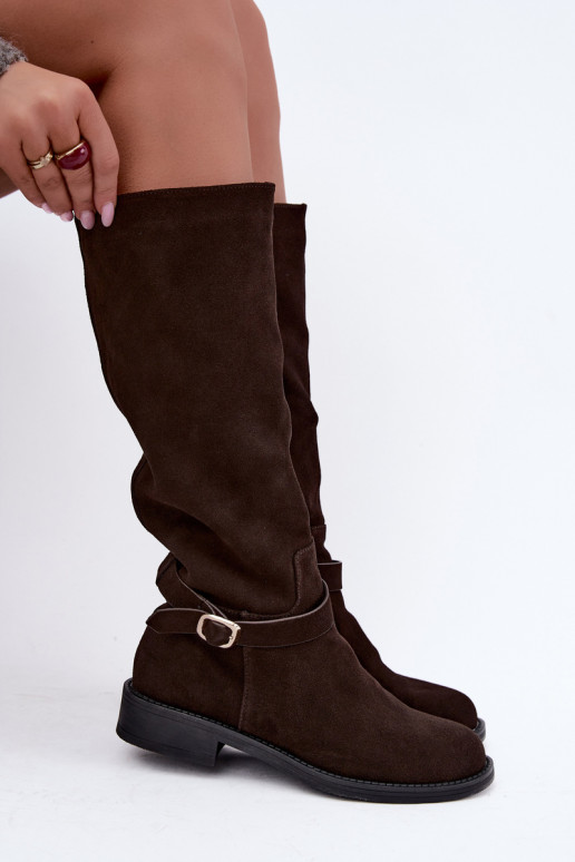 Stivali alti in suede sintetico con fibbie Vinceza Czekolado