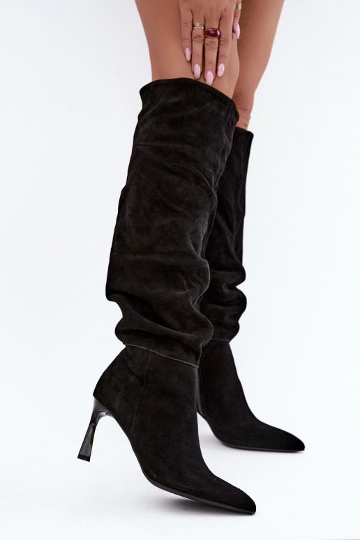 Stivali alti in suede sintetico Slouchy con tacchi sottili Vinceza 89170 in colore nero