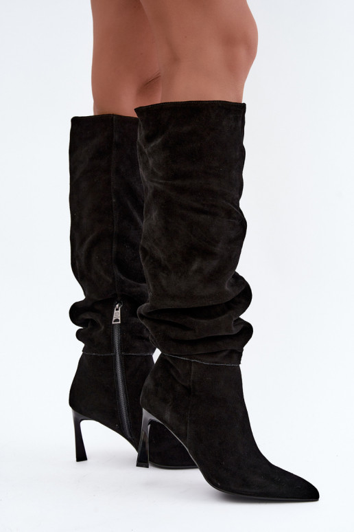 Stivali alti in suede sintetico Slouchy con tacchi sottili Vinceza 89170 in colore nero