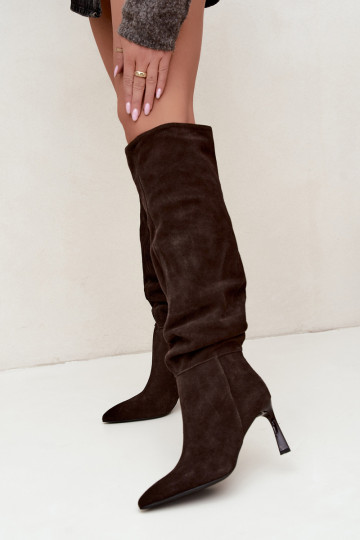 Stivali alti in suede sintetico Slouchy con tacchi sottili Vinceza 89170 in colore cioccolato