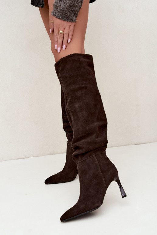 Stivali alti in suede sintetico Slouchy con tacchi sottili Vinceza 89170 in colore cioccolato