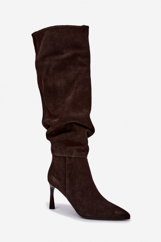 Stivali alti in suede sintetico Slouchy con tacchi sottili Vinceza 89170 in colore cioccolato