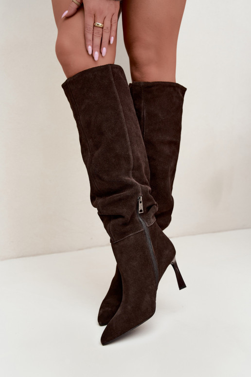 Stivali alti in suede sintetico Slouchy con tacchi sottili Vinceza 89170 in colore cioccolato
