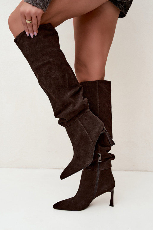 Stivali alti in suede sintetico Slouchy con tacchi sottili Vinceza 89170 in colore cioccolato