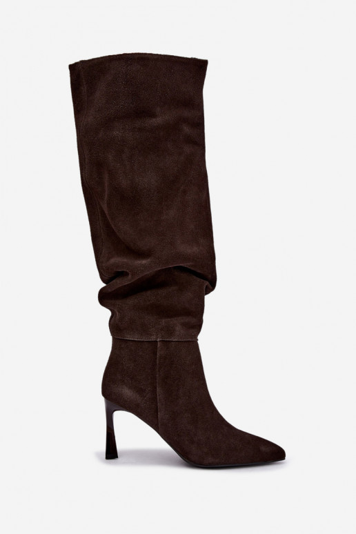 Stivali alti in suede sintetico Slouchy con tacchi sottili Vinceza 89170 in colore cioccolato