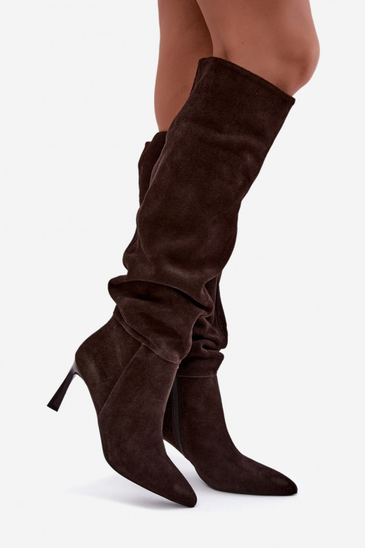 Stivali alti in suede sintetico Slouchy con tacchi sottili Vinceza 89170 in colore cioccolato