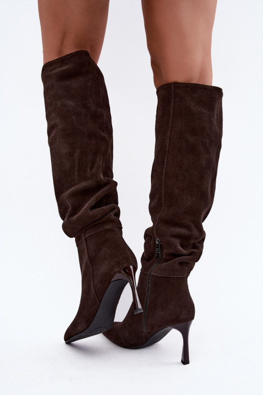 Stivali alti in suede sintetico Slouchy con tacchi sottili Vinceza 89170 in colore cioccolato