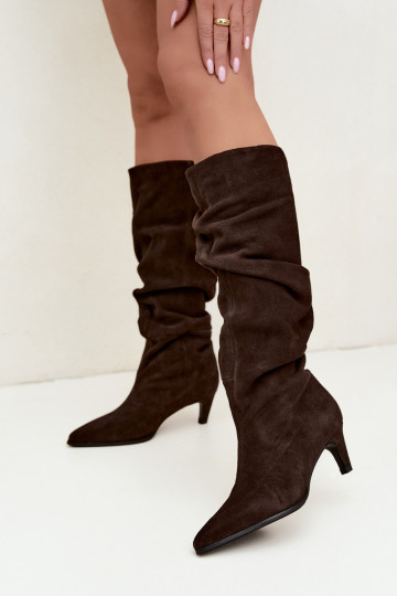 Stivali alti in suede sintetico isolati Slouchy con tacchi Vinceza 89167 in colore cioccolato 2