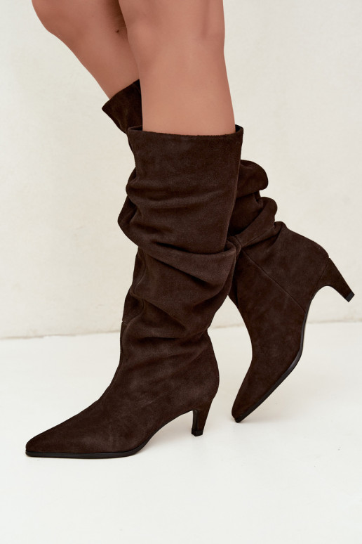 Stivali alti in suede sintetico isolati Slouchy con tacchi Vinceza 89167 in colore cioccolato