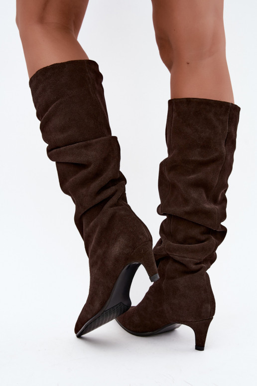 Stivali alti in suede sintetico isolati Slouchy con tacchi Vinceza 89167 in colore cioccolato