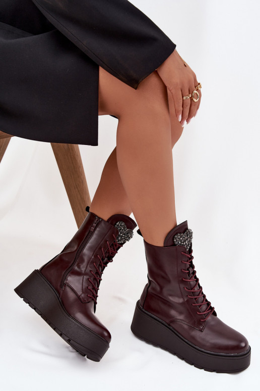 Stivaletti in pelle da donna con ornamenti foderati in bordeaux Ulrika