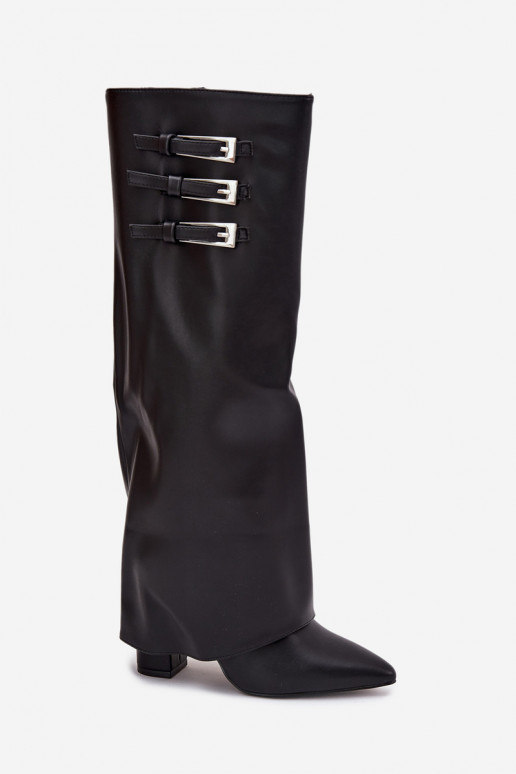 Stivali alti da donna con tacco e gambale lacciato, cinghie con fibbie in colore nero Nirisa