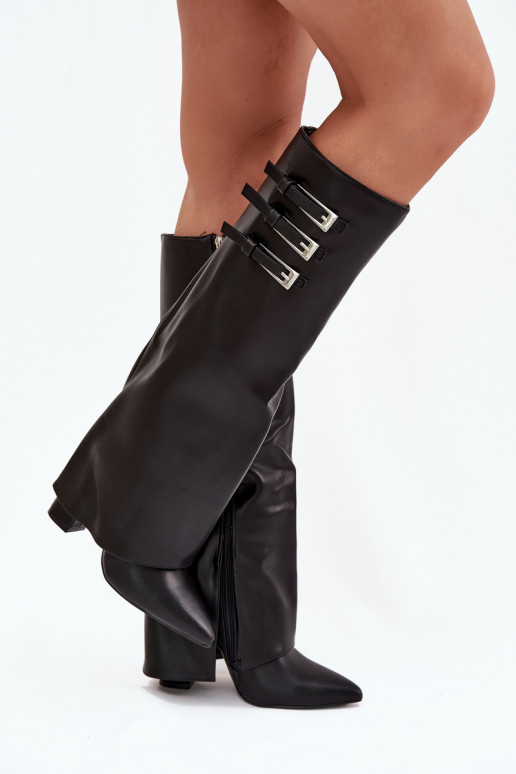 Stivali alti da donna con tacco e gambale lacciato, cinghie con fibbie in colore nero Nirisa