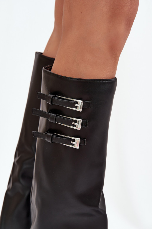 Stivali alti da donna con tacco e gambale lacciato, cinghie con fibbie in colore nero Nirisa