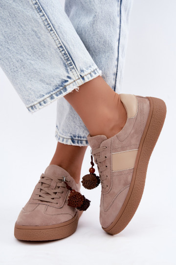 Sneakers in suede sintetico con pomponi Vinceza 79682 color sabbia 2