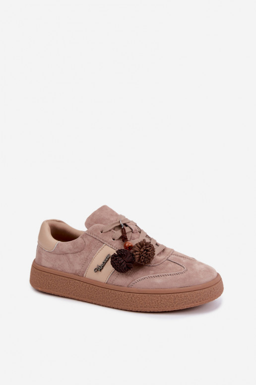 Sneakers in suede sintetico con pomponi Vinceza 79682 color sabbia