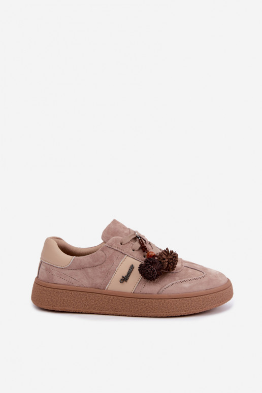 Sneakers in suede sintetico con pomponi Vinceza 79682 color sabbia