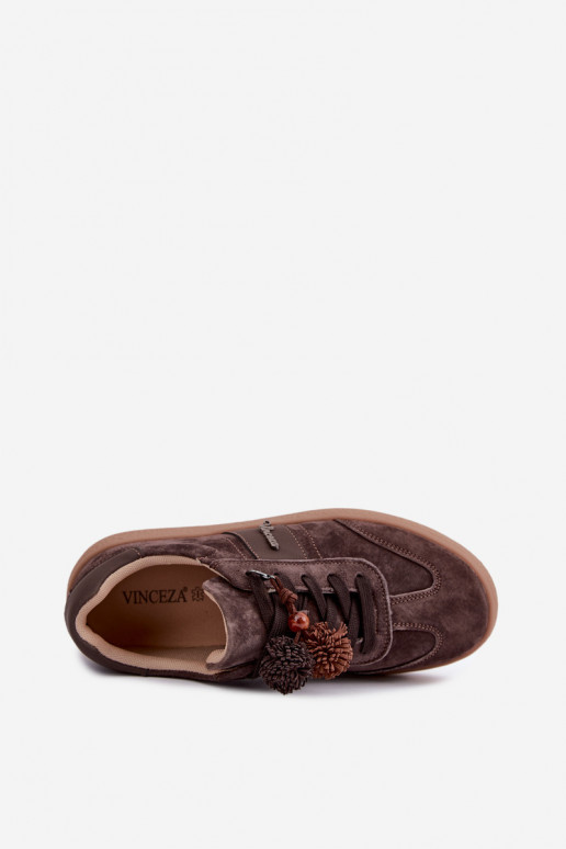 Sneakers in suede sintetico con pomponi Vinceza 79682 color cioccolato