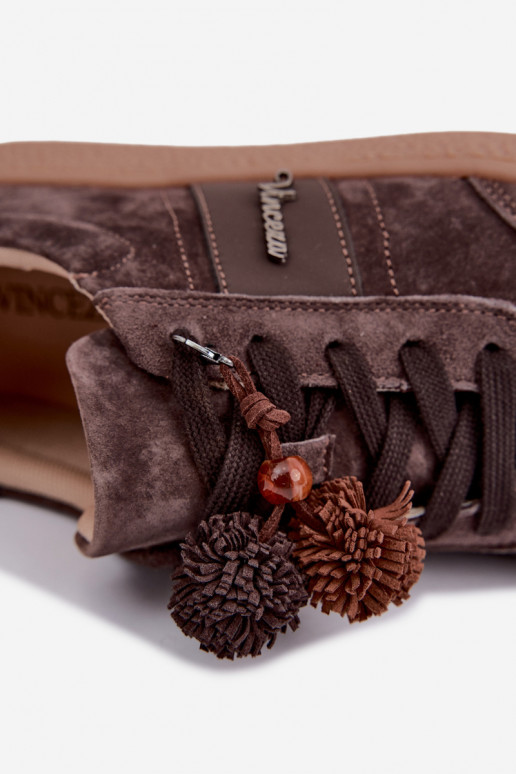 Sneakers in suede sintetico con pomponi Vinceza 79682 color cioccolato