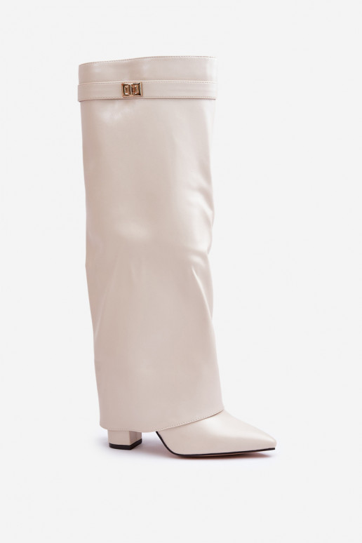 stivali alti da donna con inserti in pelle sintetica e tacchi in colore avorio Avamora