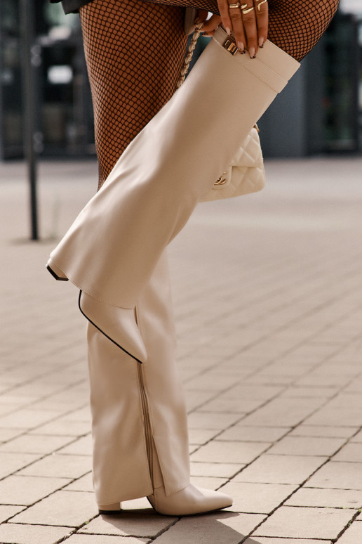 stivali alti da donna con inserti in pelle sintetica e tacchi in colore avorio Avamora
