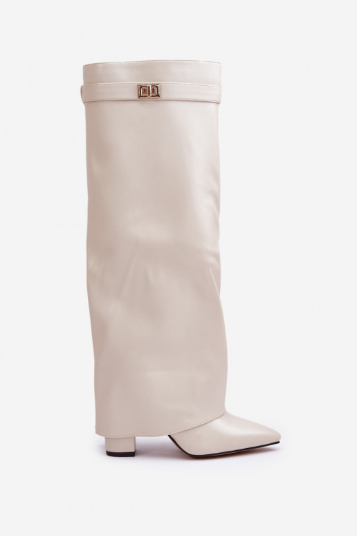 stivali alti da donna con inserti in pelle sintetica e tacchi in colore avorio Avamora