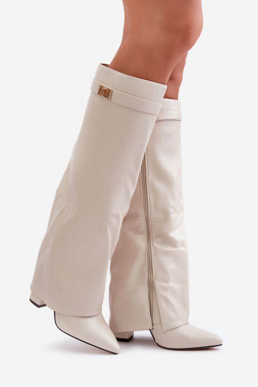 stivali alti da donna con inserti in pelle sintetica e tacchi in colore avorio Avamora