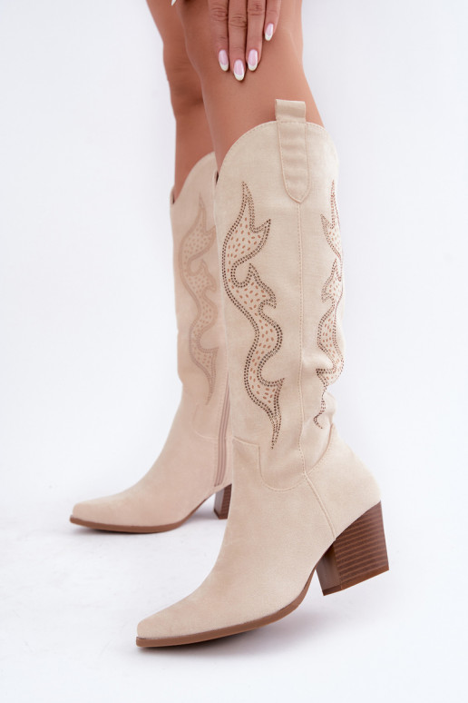 Stivali alti in stile cowboy color avorio con decorazione sulla gamba Greyla