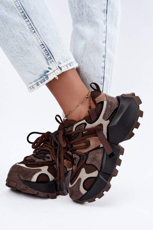 Sneakers marroni in finta suede con piattaforma e lacci doppi GOE UU2N4012