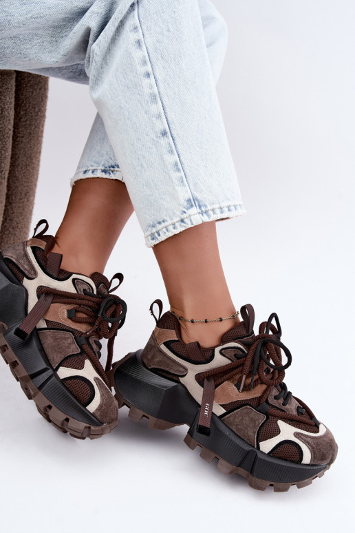 Sneakers marroni in finta suede con piattaforma e lacci doppi GOE UU2N4012