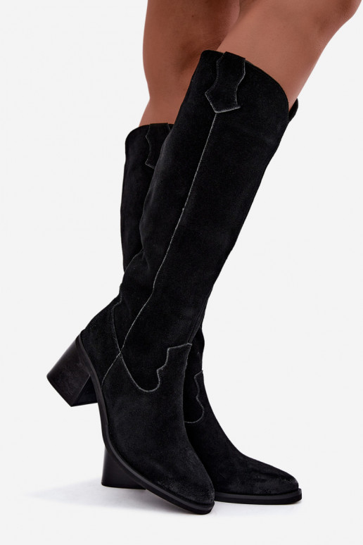 Stivali alti neri in finta suede in stile cowboy con tacco Vinceza 133103