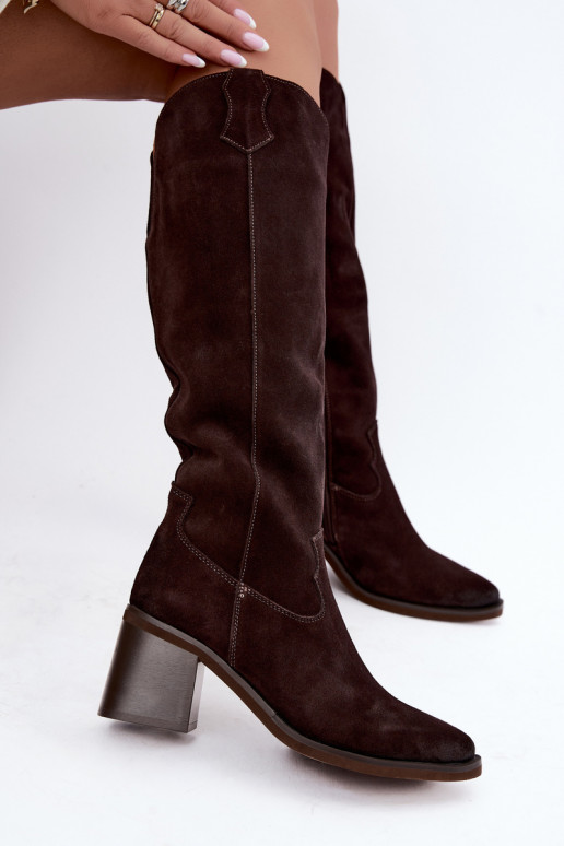 Stivali cowboy in suede sintetico con tacco Vinceza 133103 cioccolato