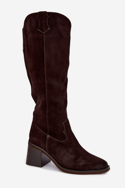 Stivali cowboy in suede sintetico con tacco Vinceza 133103 cioccolato