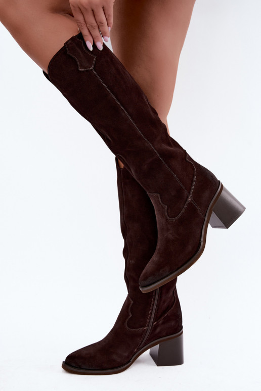 Stivali cowboy in suede sintetico con tacco Vinceza 133103 cioccolato