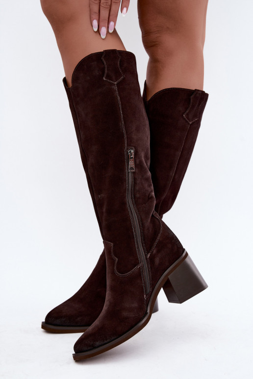 Stivali cowboy in suede sintetico con tacco Vinceza 133103 cioccolato