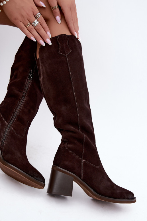 Stivali cowboy in suede sintetico con tacco Vinceza 133103 cioccolato