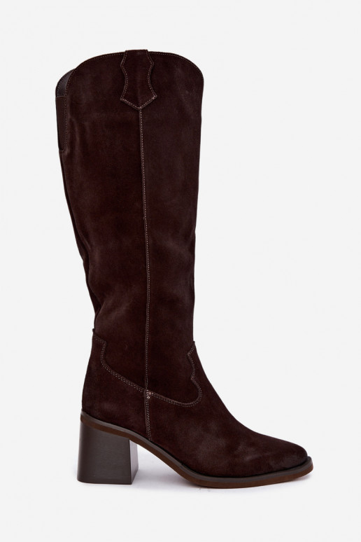 Stivali cowboy in suede sintetico con tacco Vinceza 133103 cioccolato