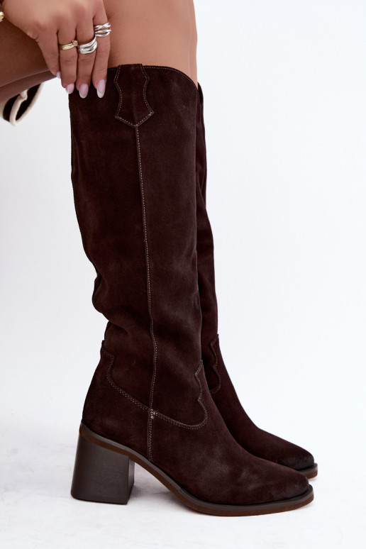 Stivali cowboy in suede sintetico con tacco Vinceza 133103 cioccolato