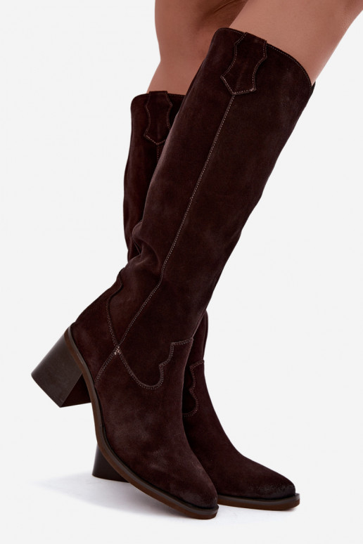Stivali cowboy in suede sintetico con tacco Vinceza 133103 cioccolato