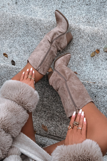 Stivali sopra il ginocchio isolati in stile cowboy con tacco, in suede sintetico, in sabbia 2