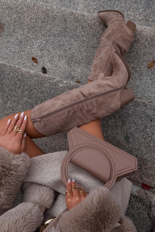 Stivali sopra il ginocchio isolati in stile cowboy con tacco, in suede sintetico, in sabbia