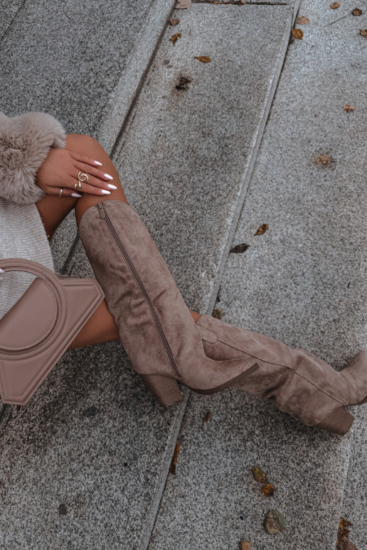 Stivali sopra il ginocchio isolati in stile cowboy con tacco, in suede sintetico, in sabbia