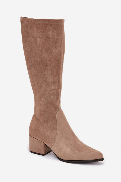 Stivali alti da donna con tacco basso in suede sintetico color sabbia Sergio Leone KZ212