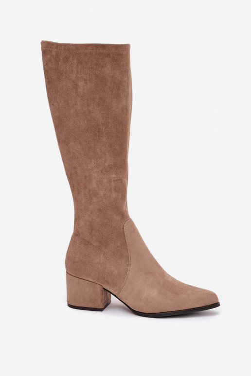 Stivali alti da donna con tacco basso in suede sintetico color sabbia Sergio Leone KZ212