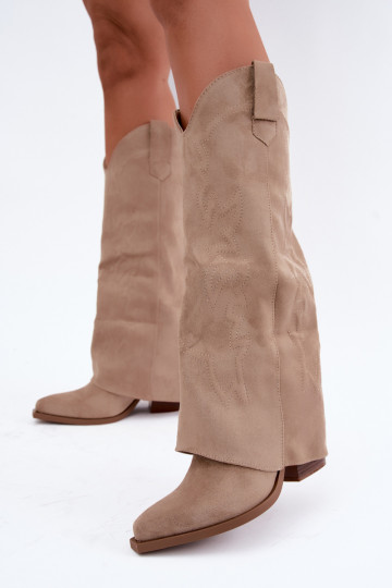 Stivali alti in stile cowboy con tacco e gambale ricamato color sabbia Terise 2