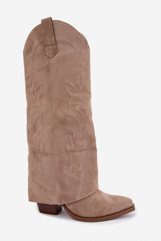 Stivali alti in stile cowboy con tacco e gambale ricamato color sabbia Terise