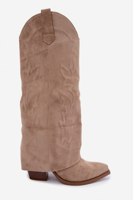 Stivali alti in stile cowboy con tacco e gambale ricamato color sabbia Terise