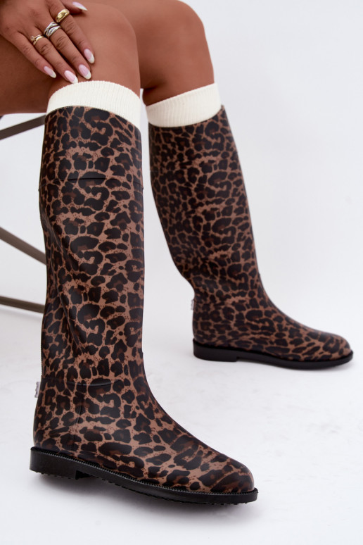Stivali in gomma alti da donna con tacco largo e stampa leopardata neri Melianne