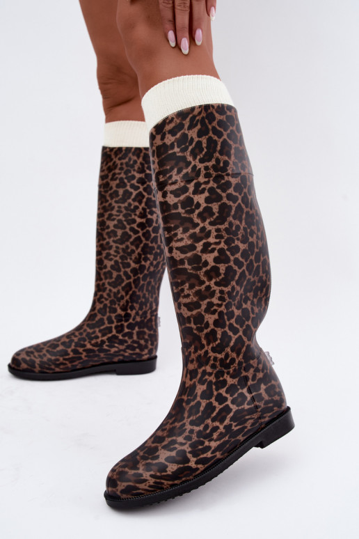 Stivali in gomma alti da donna con tacco largo e stampa leopardata neri Melianne