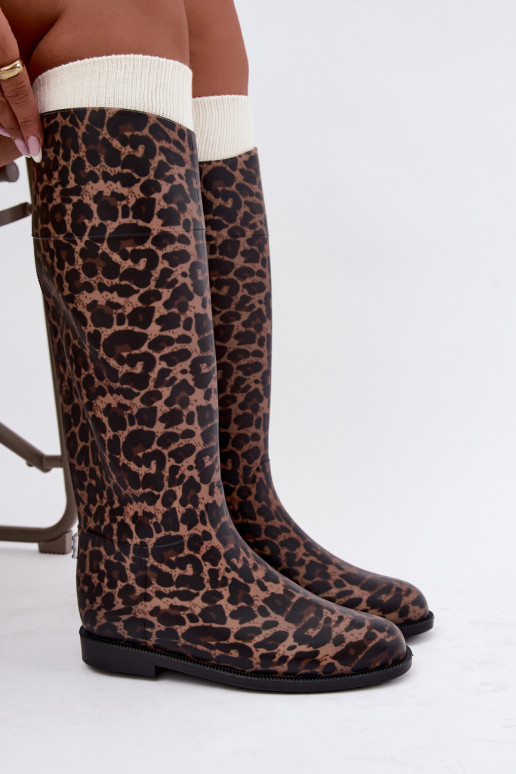 Stivali in gomma alti da donna con tacco largo e stampa leopardata neri Melianne